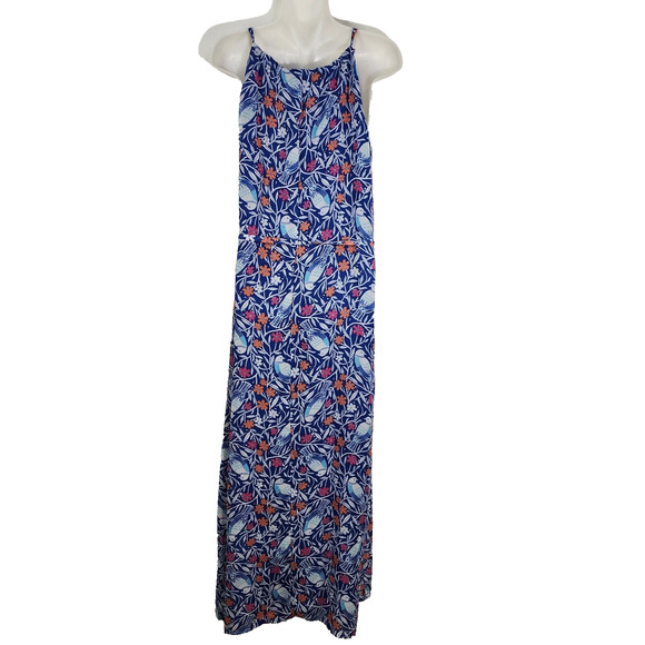 Old Navy Womens Long Maxi Dress Medium Halter Blue Floral Birds Ties Beachy Boho - Picture 2 of 8